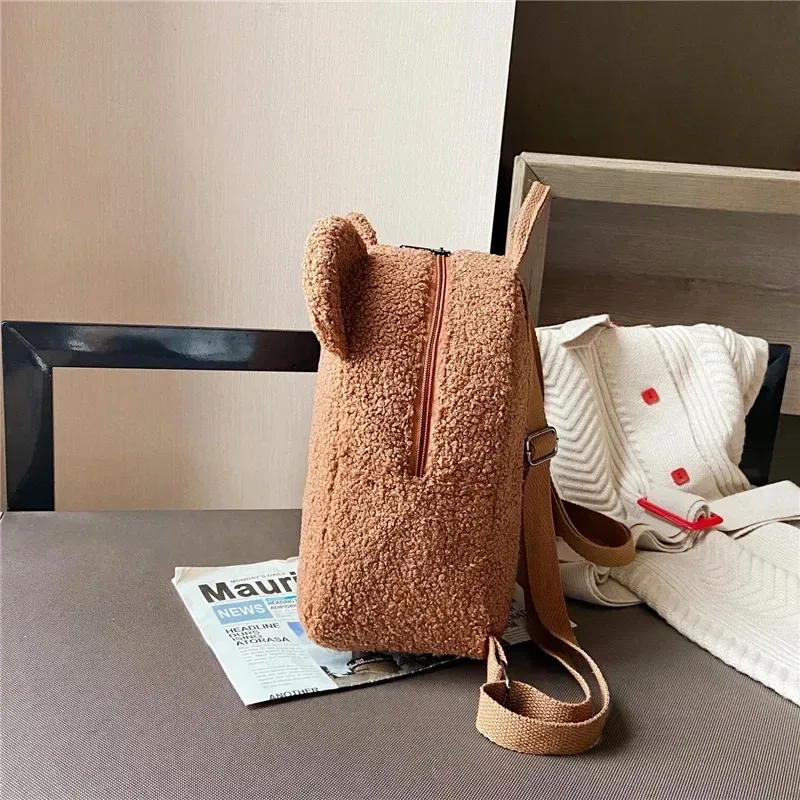 sac à dos en polaire avec oreilles d'ours pour enfants, 1 pièce, petit sac à dos décontracté en laine d'agneau pour filles, cartable pour voyage et shopping