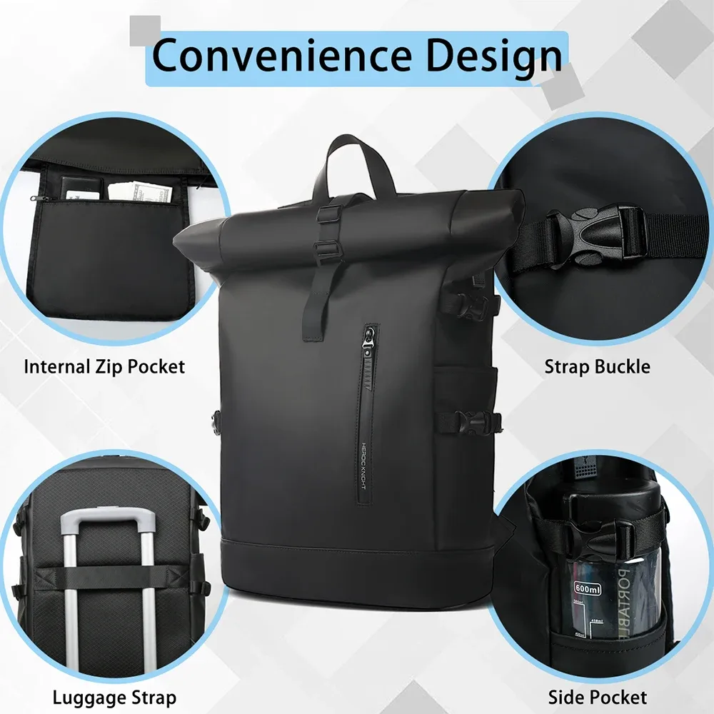 heroic knight – sac à dos de voyage pour hommes, extensible, pour ordinateur portable 15.6 pouces, avec port usb, étanche, enroulable, pour loisirs