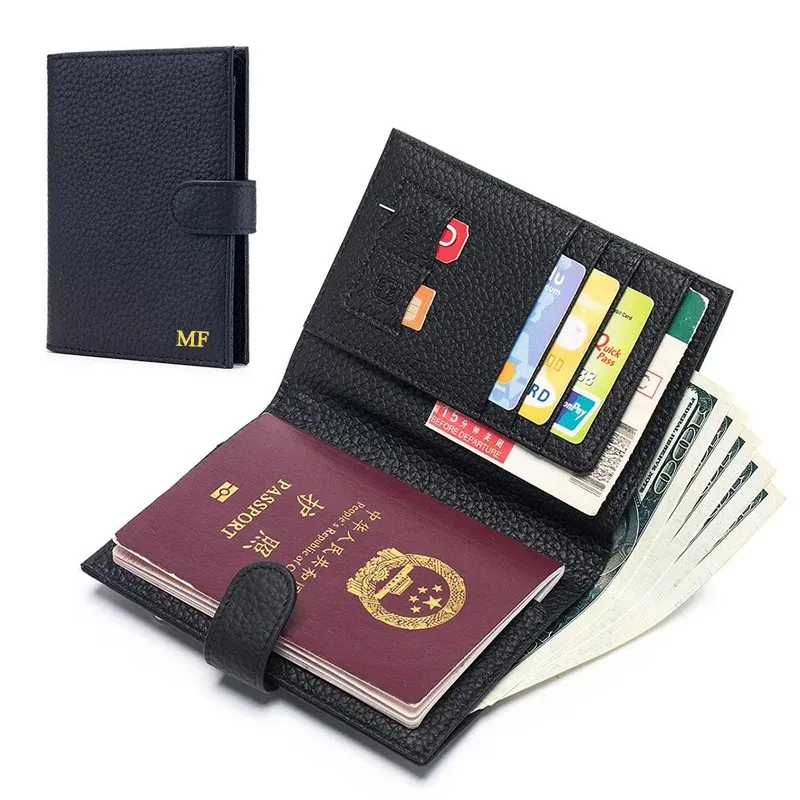 Porte-passeport de voyage en cuir véritable, lettres personnalisées, blocage RFID, porte-carte de crédit, pince à billets ultra-mince, sac de rangement pour billets