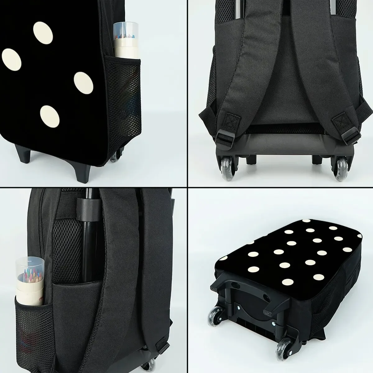 ensemble de sacs à roulettes imprimés à pois, avec boîte à déjeuner, sac à stylos avec roulettes, sac à dos de chariot d'école pour filles/garçons