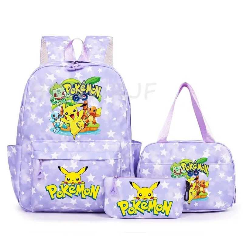 sac à dos pikachu de dessin animé pour femmes, 3 pièces, sacs d'école en nylon pour adolescentes, sac à dos de voyage pour dames, sac à bandoulière