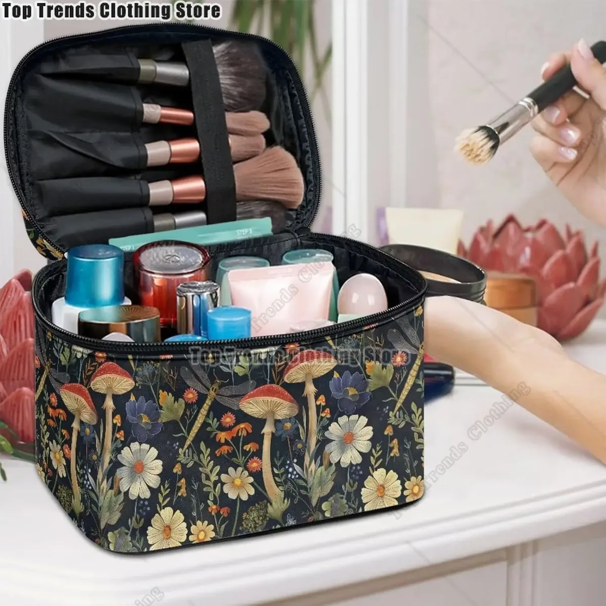 bronwn-trousse de maquillage portable avec fermeture à glissière, sac de toilette, fourre-tout pour cosmétiques, poudres imprimées, rétro, salle plus lente