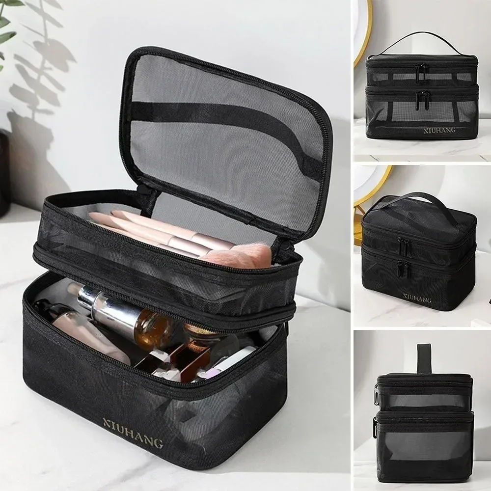 sac de rangement de cosmétiques de voyage à 2 couches, pochette de rangement transparente en maille pliante à fermeture éclair, sac de kit de lavage de maquillage de grande capacité 2025