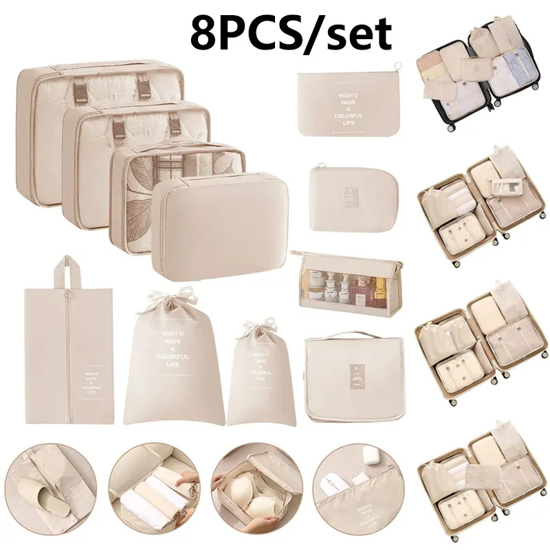 Ensemble de 8 cubes de rangement de voyage imperméables avec pochettes de rangement à cordon pour vêtements, chaussures, sous-vêtements et cosmétiques