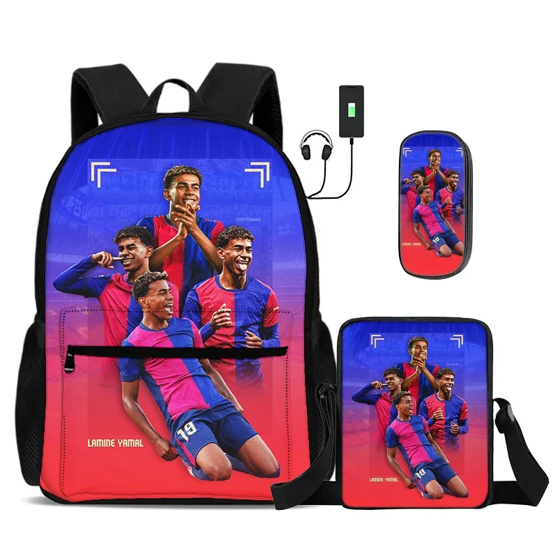 ensemble de 3 sacs à dos scolaires pour enfants avec sac à bandoulière et trousse à crayons, sac à dos l-lamin yamal avec interface usb