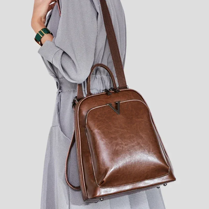 sac à dos en cuir véritable à la cire d'huile pour femmes, à bandoulière, en cuir de vache, pour l'école, de jour, rétro, à la mode
