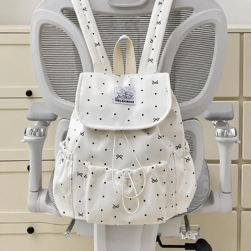 sac à dos à cordon de serrage à pois, grande capacité, ultra léger, double bandoulière, en nylon, avec nœud papillon, pour femme