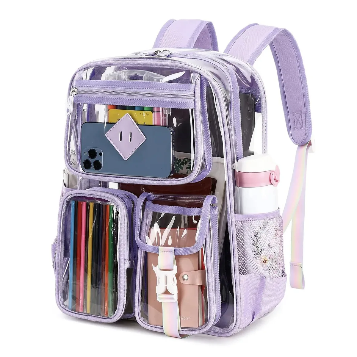 Sac à dos transparent approuvé pour les stades, avec plusieurs poches, robuste, pour filles, avec sangle arc-en-ciel
