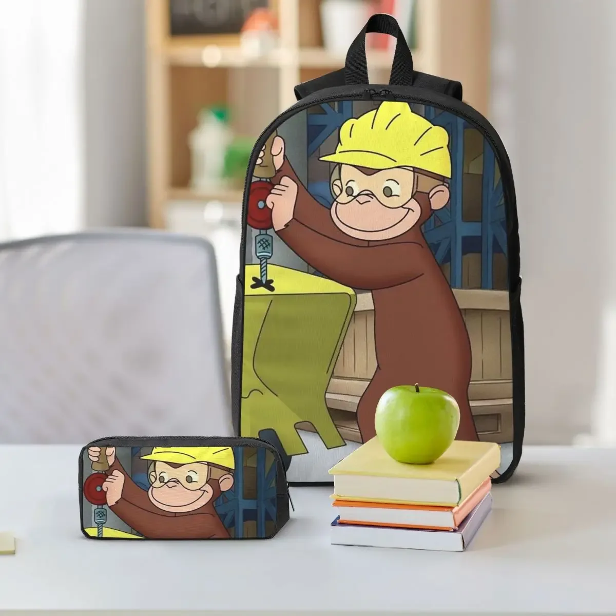 sac à dos anime curious george monkey, sac à livres pour étudiants, sac d'école, sacs à bandoulière pour ordinateur portable, sac à déjeuner isotherme, trousse à crayons, 3 pièces