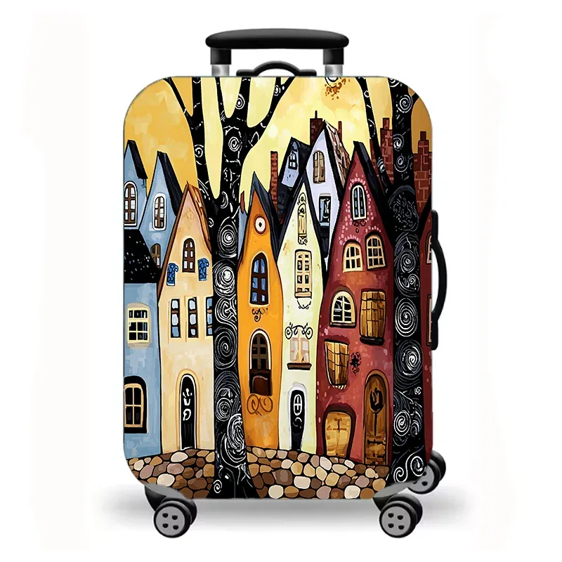 housse de bagage, housse de protection extensible pour valise avec imprimé artistique folklorique de ville de conte de fées colorée, housse de bagage de voyage lavable et anti-rayures