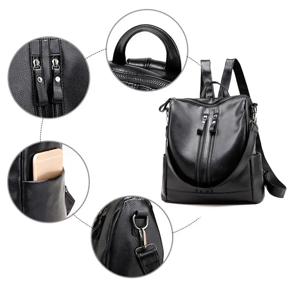 sac à dos d'école en cuir souple pour femme, sac d'université multifonctionnel décontracté, sacs initiés de grande capacité, fourre-tout de voyage, noir