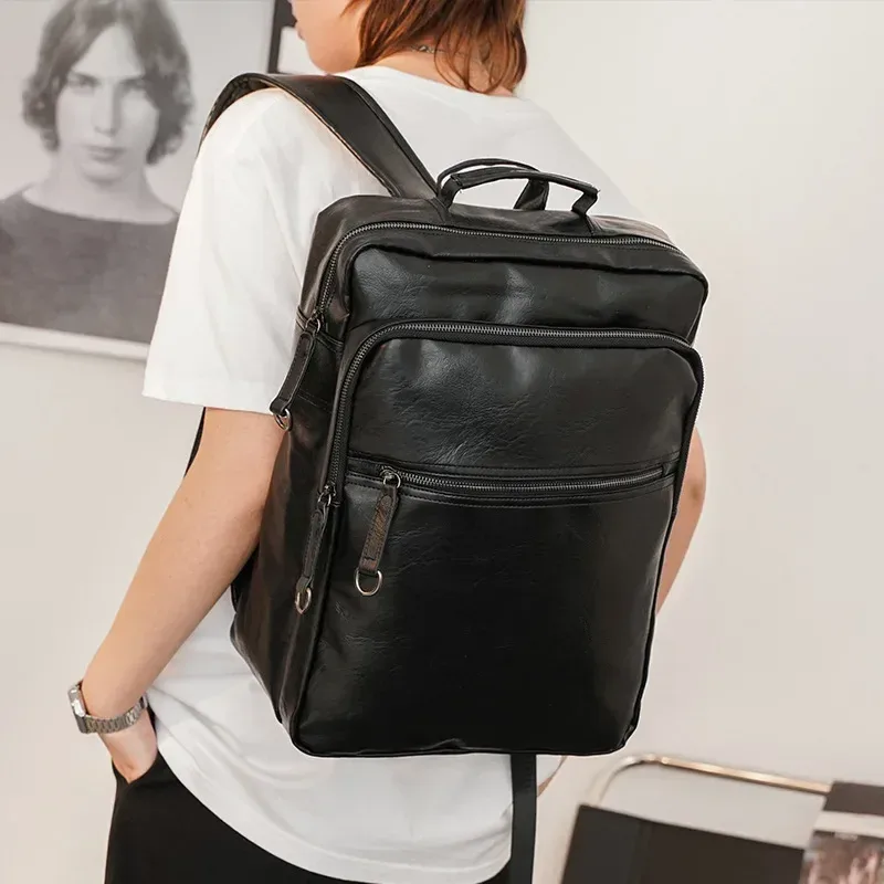 Sac à dos étanche hommes en cuir PU souple 15.6 pouces sacs à dos d'ordinateur portable hommes sac à dos de voyage décontracté sac à main multifonctionnel sacs à dos