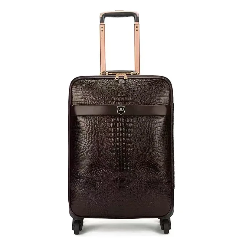 valise à roulettes en cuir véritable à motif crocodile, roues universelles, 16/20/24 pouces, valise de voyage de luxe pour hommes et femmes