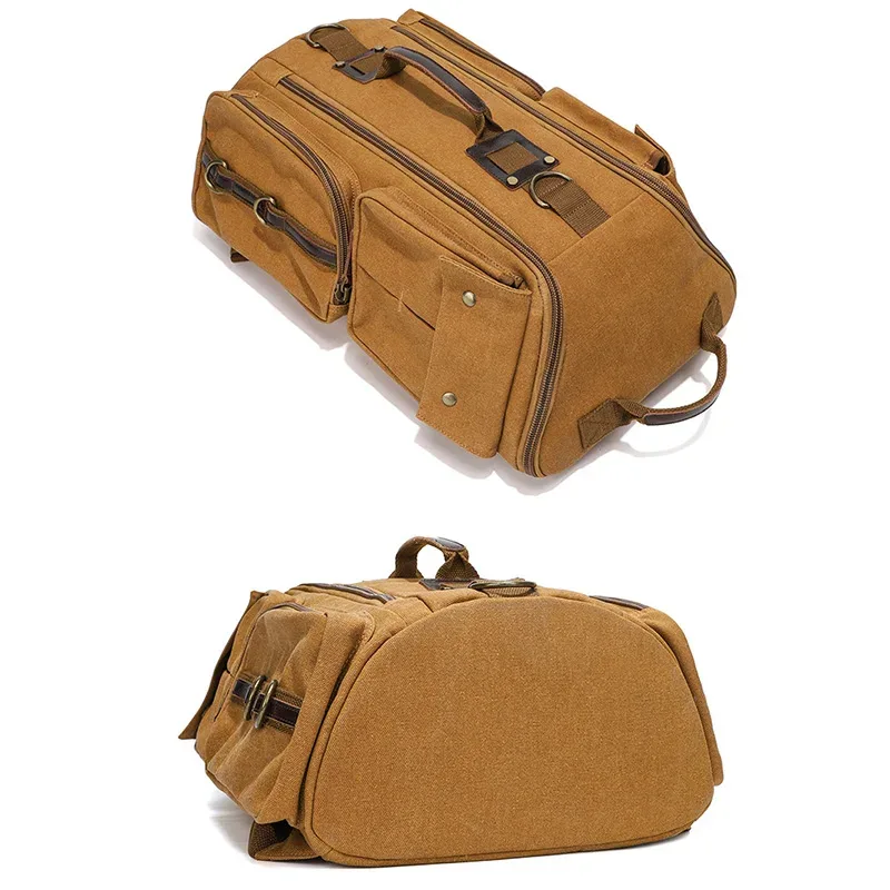 sac à dos en toile décontracté avec accents en cuir, plusieurs poches zippées et anneaux métalliques, sac à dos de voyage rétro de grande capacité pour hommes