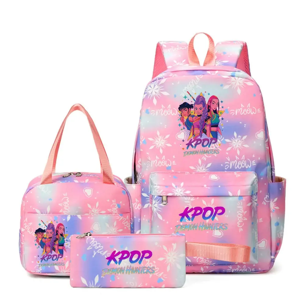 sacs d'école imprimés kpop demon hunters pour femmes et filles, 3 pièces/ensembles, avec sacs à lunch, cartable coloré pour étudiants garçons et filles
