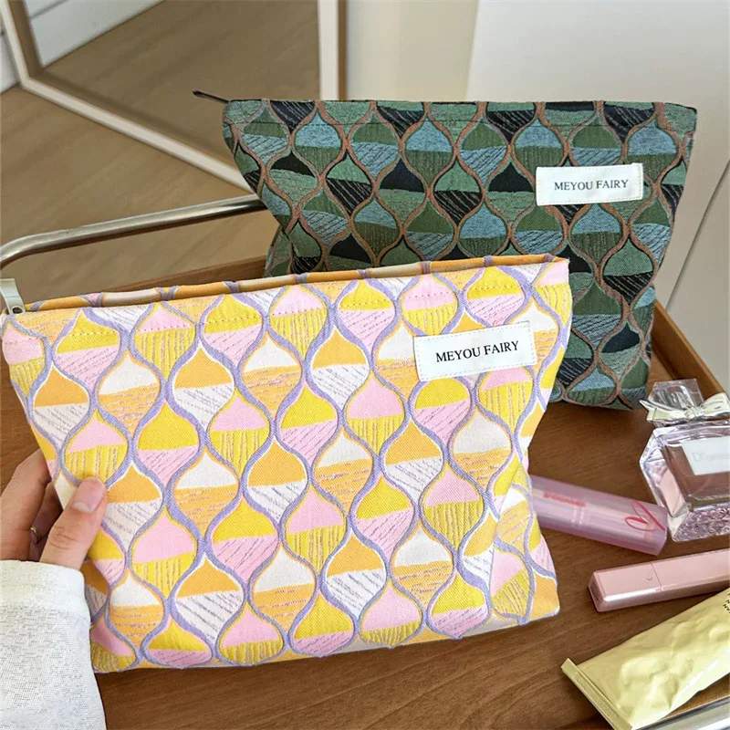 trousse de maquillage artistique de haute qualité à texture olive et blocs de couleurs, pochette cosmétique portable avec fermeture éclair, étui de rangement en toile pour articles de toilette
