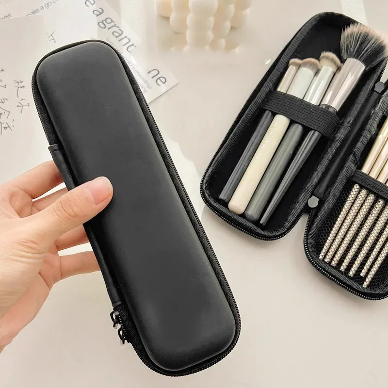 Étui pour pinceaux de maquillage pour femmes, petit sac à cosmétiques noir pur, organisateur de stylos à rouge à lèvres, boîte de rangement d'outils de beauté, pochette longue à fermeture éclair