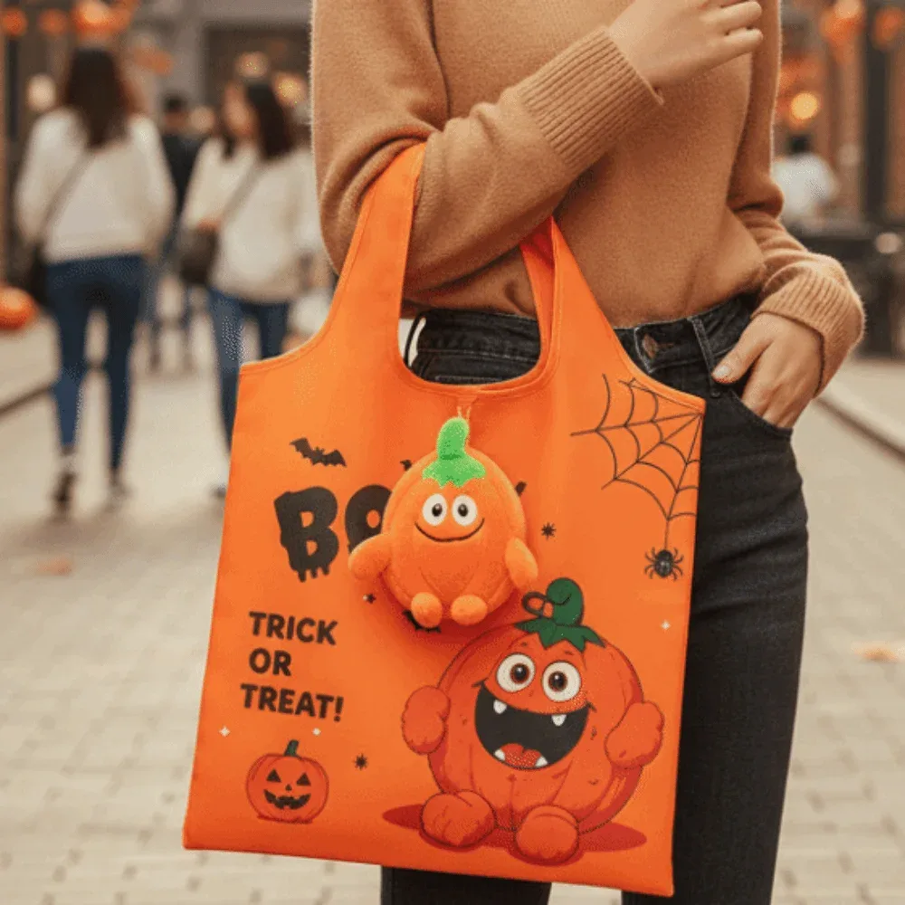 Sac fourre-tout d'épicerie Halloween couleur unie, mini sac à main de dessin animé peu encombrant, étui en peluche, sac 2-en-1 pliable rapidement, pochette porte-breloque