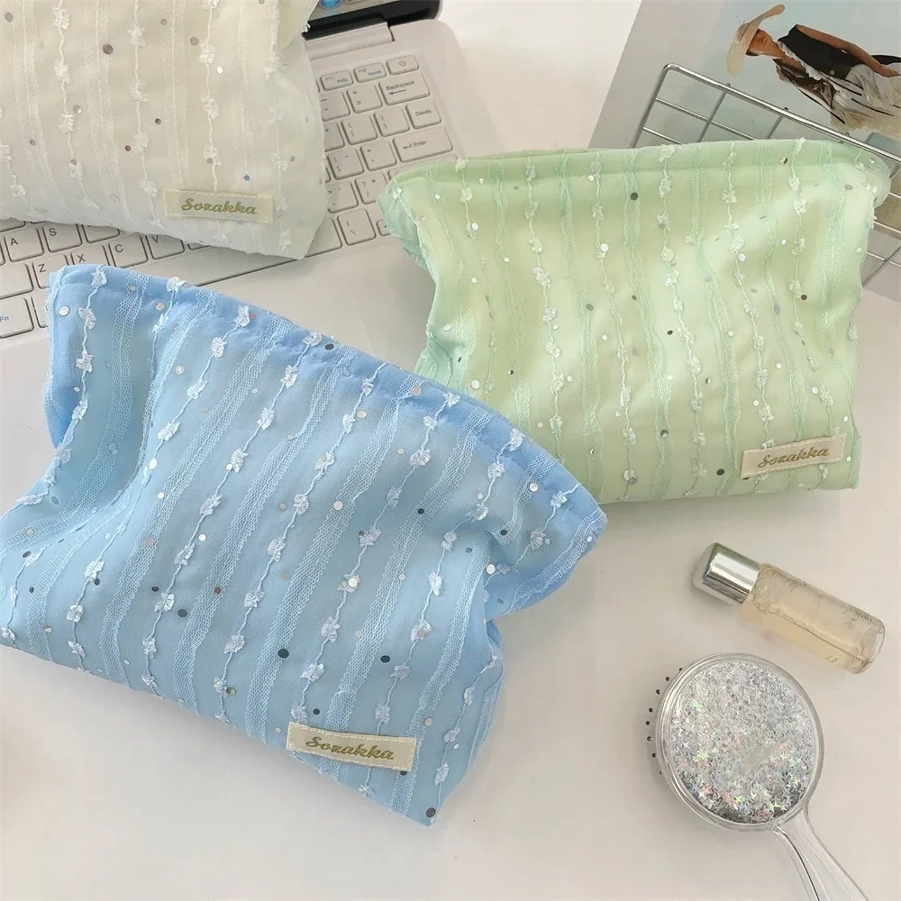 sac à cosmétiques à paillettes rayées en dentelle, trousse de toilette de voyage portable, organisateur de cosmétiques de lavage, sac de rangement de maquillage