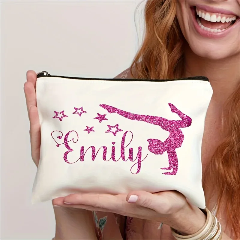 sac de maquillage personnalisé isabellasparkling pour gymnastique, design silhouette de gymnaste scintillante,