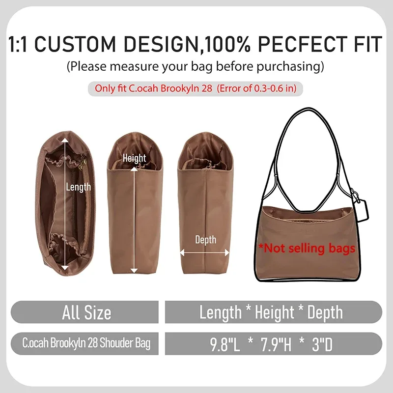 organisateur de sac à main en nylon sur mesure pour brooklyn 28, léger, imperméable, avec poche zippée