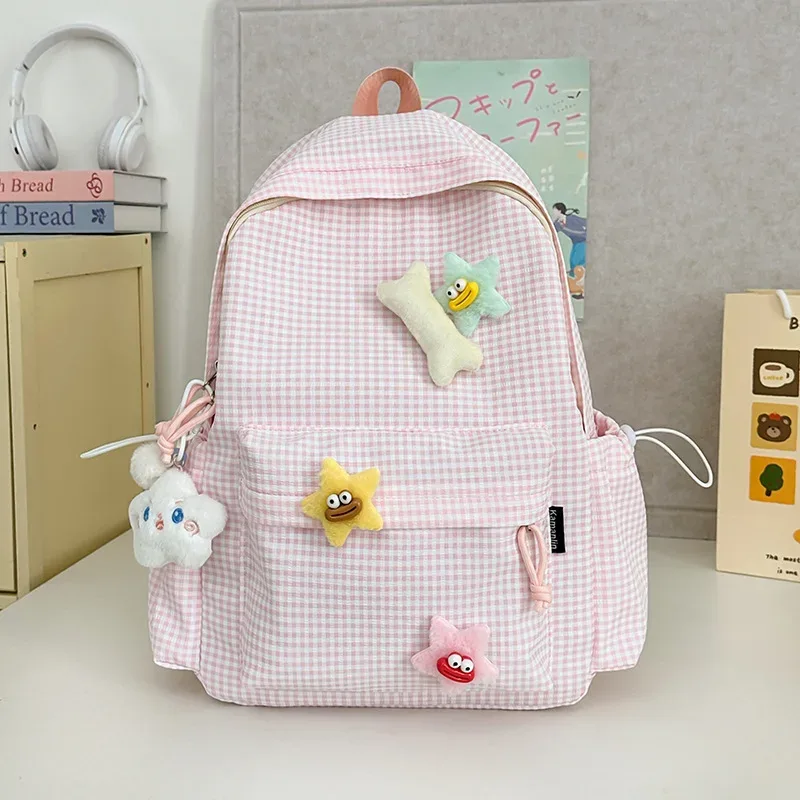 sac à dos pour femme style campus, motif écossais simple, grande capacité, décontracté, pour voyage, sac à double bandoulière en nylon, style frais et doux