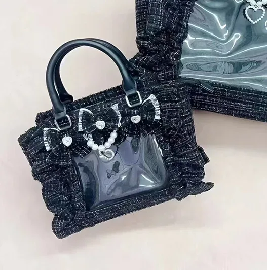 sac à main en dentelle à volants pour femmes et filles, sacoche de style japonais, fourre-tout carré avec nœud papillon en perles, sacs à main portables initiés