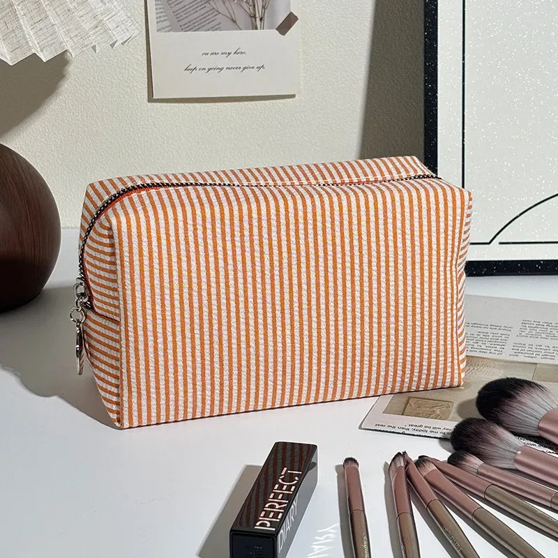 trousse de toilette rayée en mousseline bulle, sac de voyage portable, grande pochette de rangement pour maquillage, trousse de maquillage pour étudiant