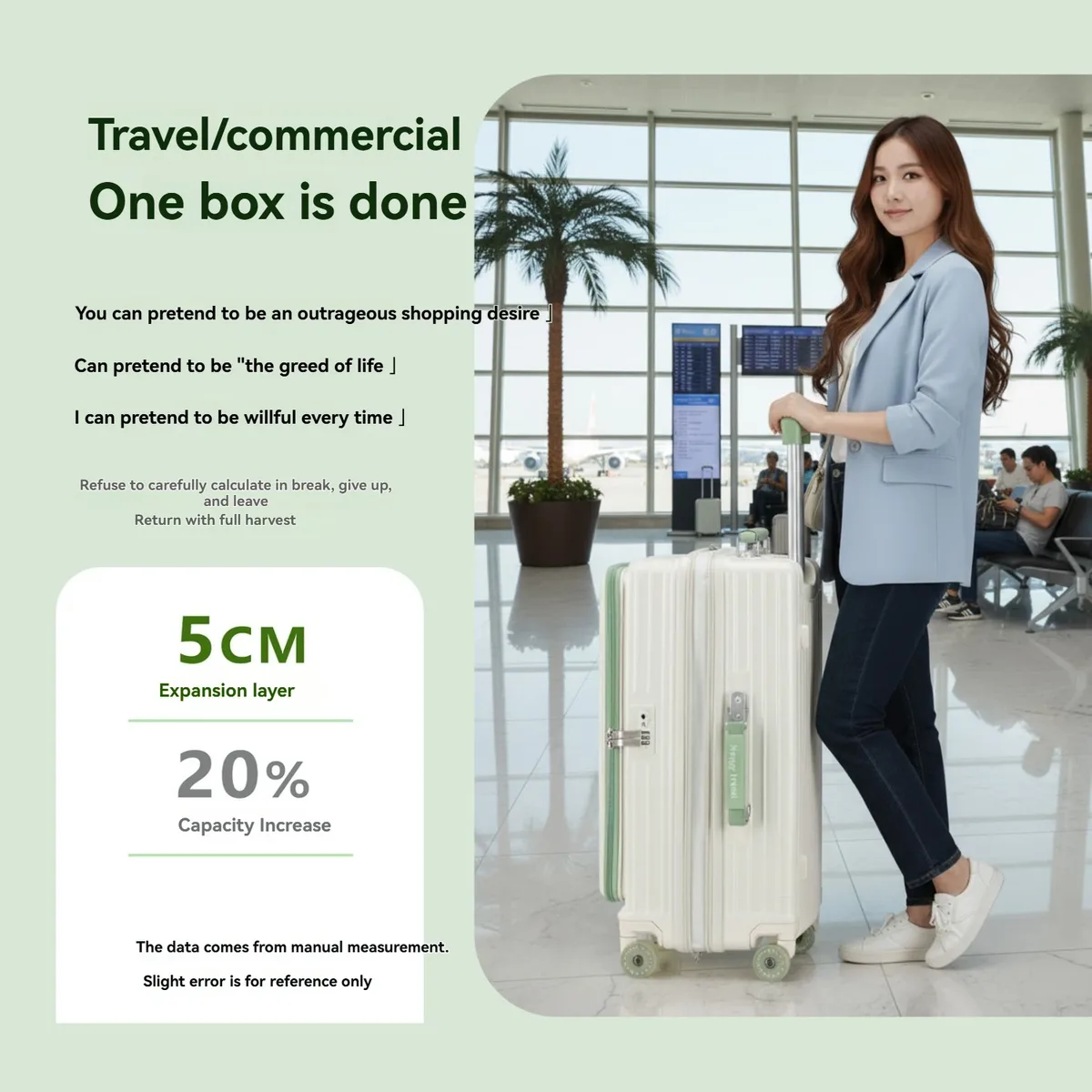 ensemble de valise à ouverture frontale avec roulettes en gel, poignée télescopique, couche extensible de 5 cm, poignée en cuir, support pour téléphone, porte-gobelet pliable, crochet latéral, serrure douanière, idéale pour les vacances à la mer et les voyages longue distance.