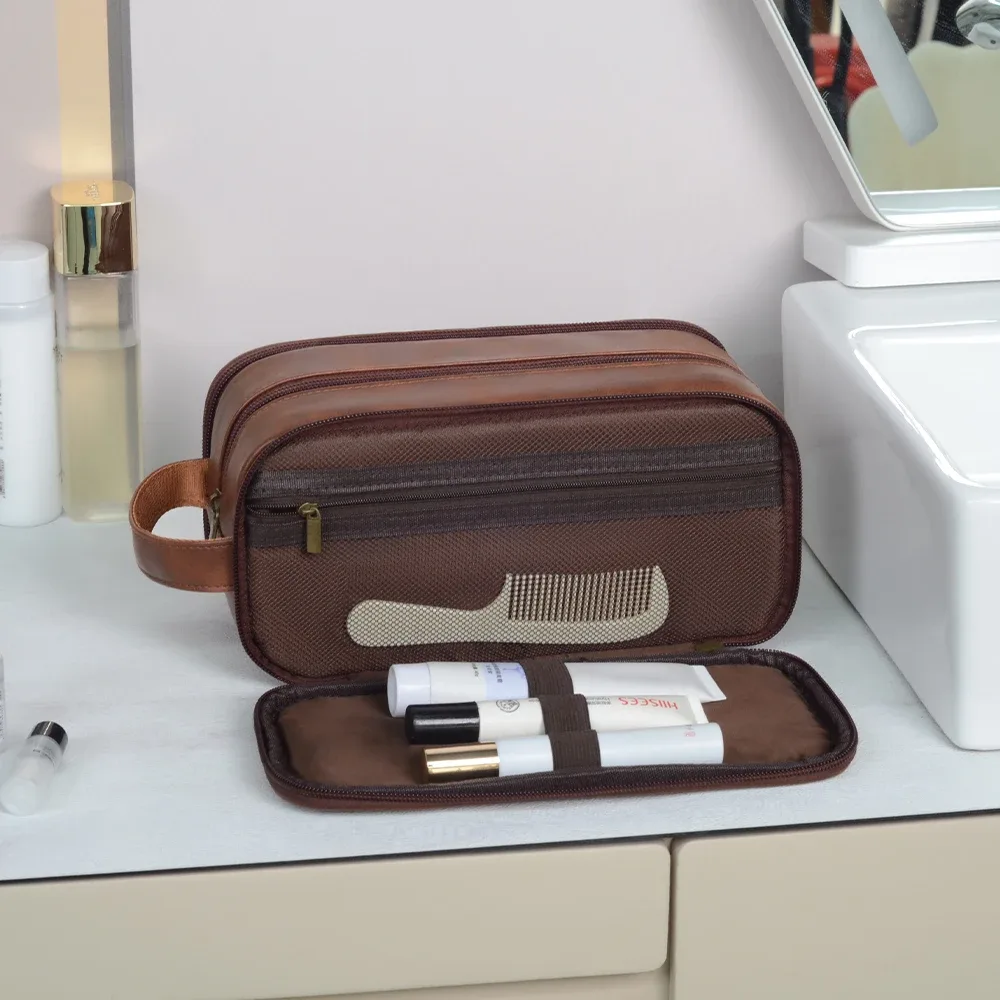trousse de toilette de voyage pour hommes en cuir résistante à l'eau avec poignée, organisateur polyvalent pour articles de toilette, trousse de toilette personnalisable avec logo, kit dopp