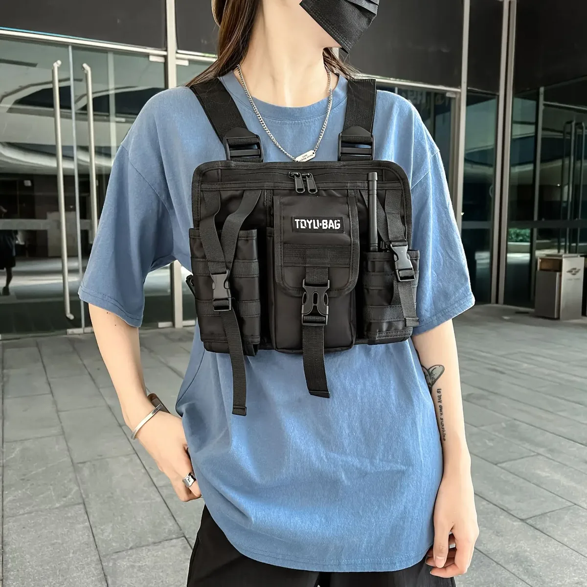 gilet cargo tactique combiné fonctionnel, sac de poitrine pour hommes et femmes, techwear de plein air, sac à dos tactique réglable, streetwear