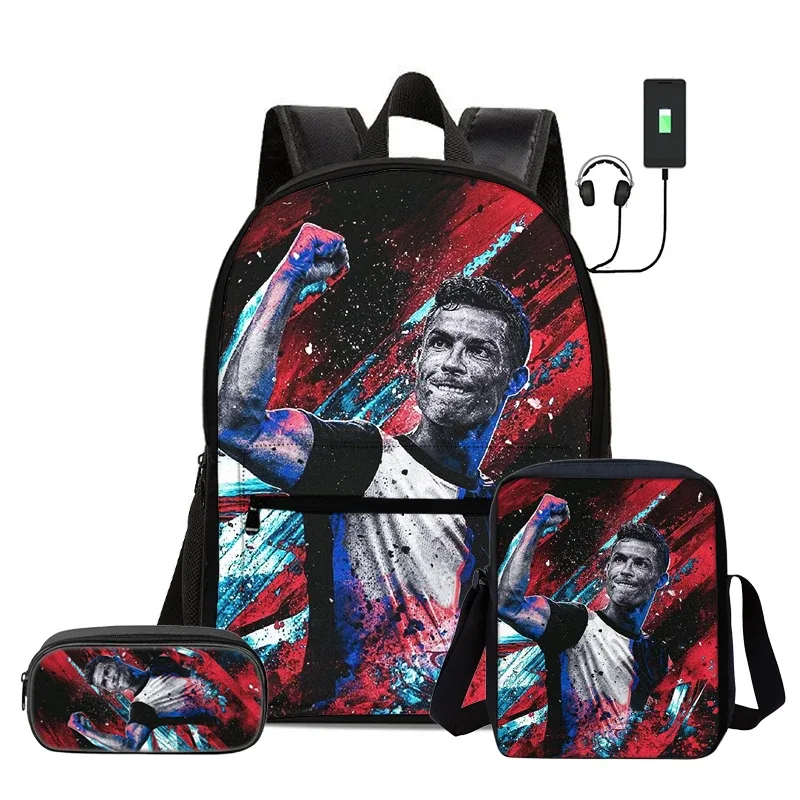 ensemble de 3 sacs à dos avec sac à bandoulière, trousse scolaire pour enfant, sac à dos ronaldo avec interface usb, sac à dos pour enfants