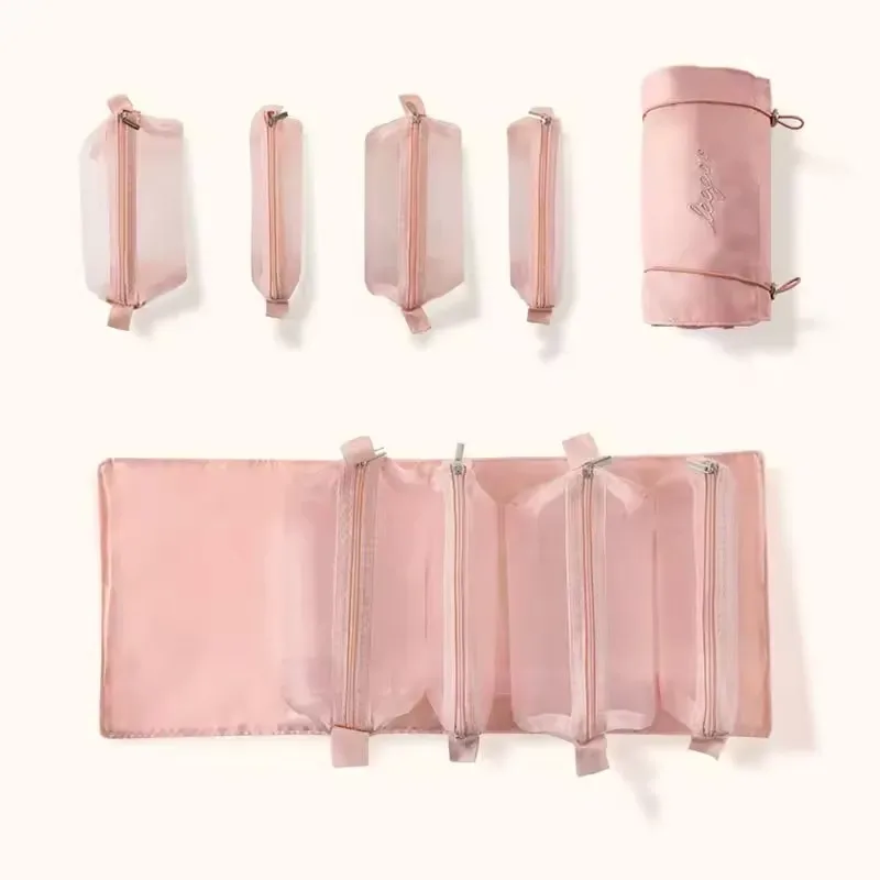 trousse de maquillage détachable 4-en-1, organiseur de cosmétiques pliable avec pochettes amovibles pour les voyages et le quotidien