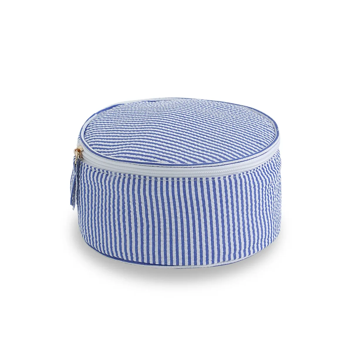 seersucker-trousse de maquillage de grande capacité pour femme, boîte à bijoux de voyage ronde rayée, rangement