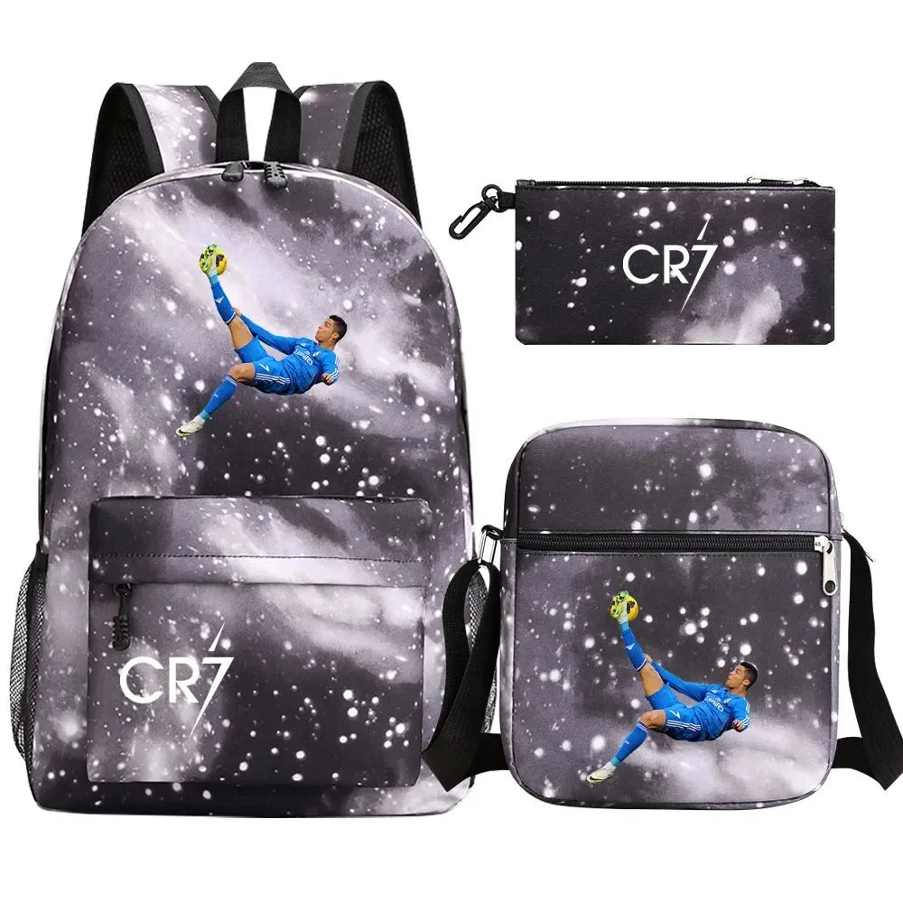 football star cr7 3 pièces garçon fille retour à l'école livre sacs, étudiant sac à bandoulière porte-crayon sac à dos, adolescents mochila hommes femmes