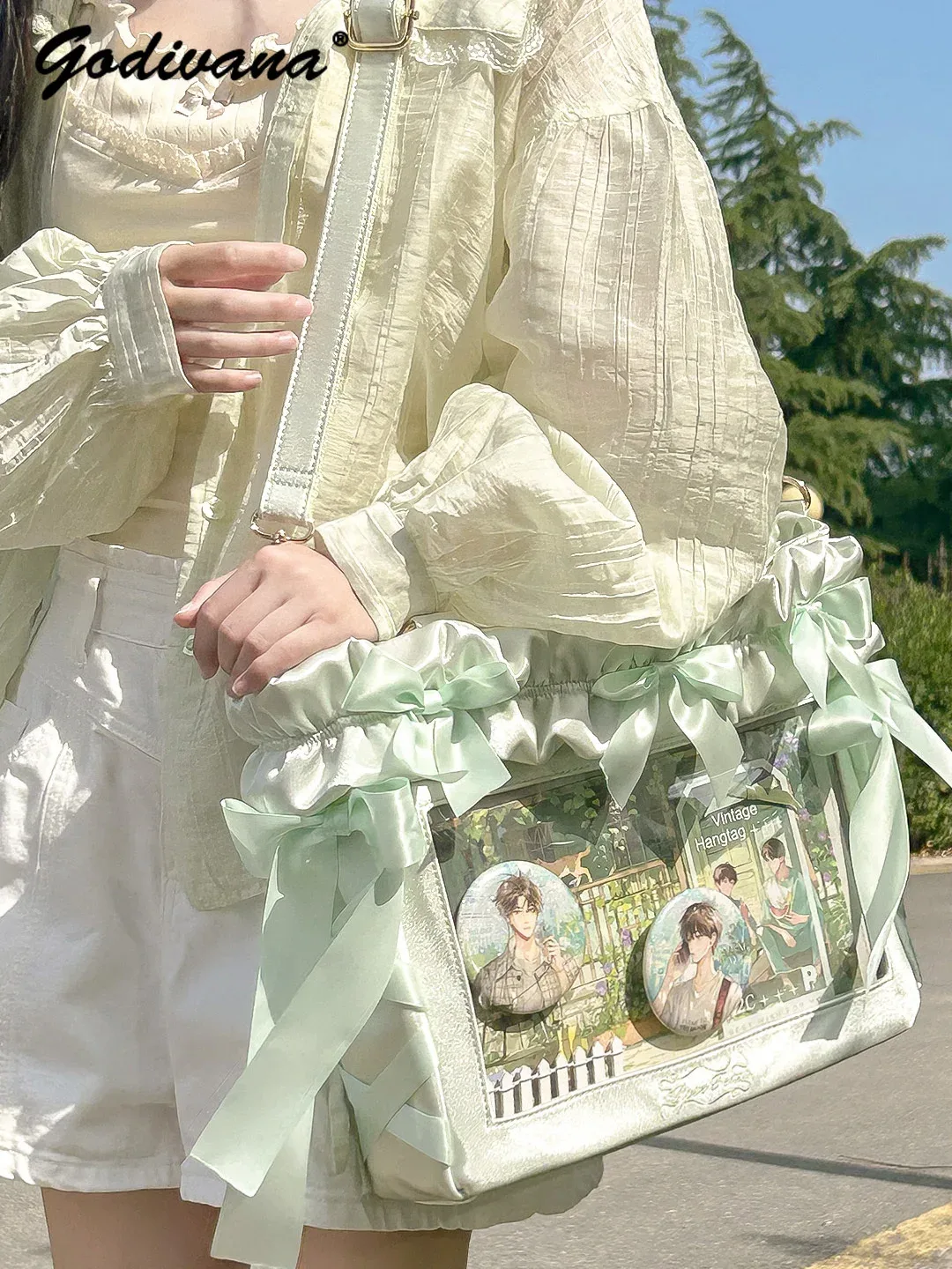 sac de douleur original avec nœud en satin doux, grande capacité, sac à bandoulière pour ordinateur portable de 14 pouces, fourre-tout avec chaîne de perles pour filles et femmes