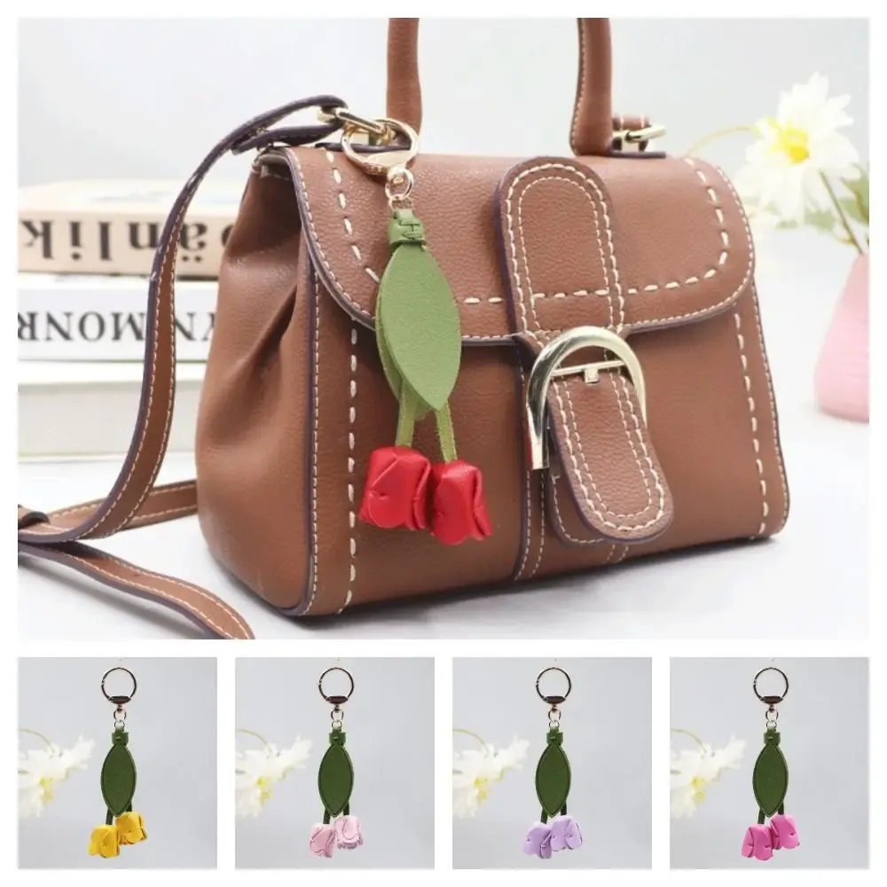 Pendentif de sac tulipe en cuir PU, Dopamine, frais, décoration de sac à dos, accessoires assortis, breloques de sac, lanière florale, cadeau