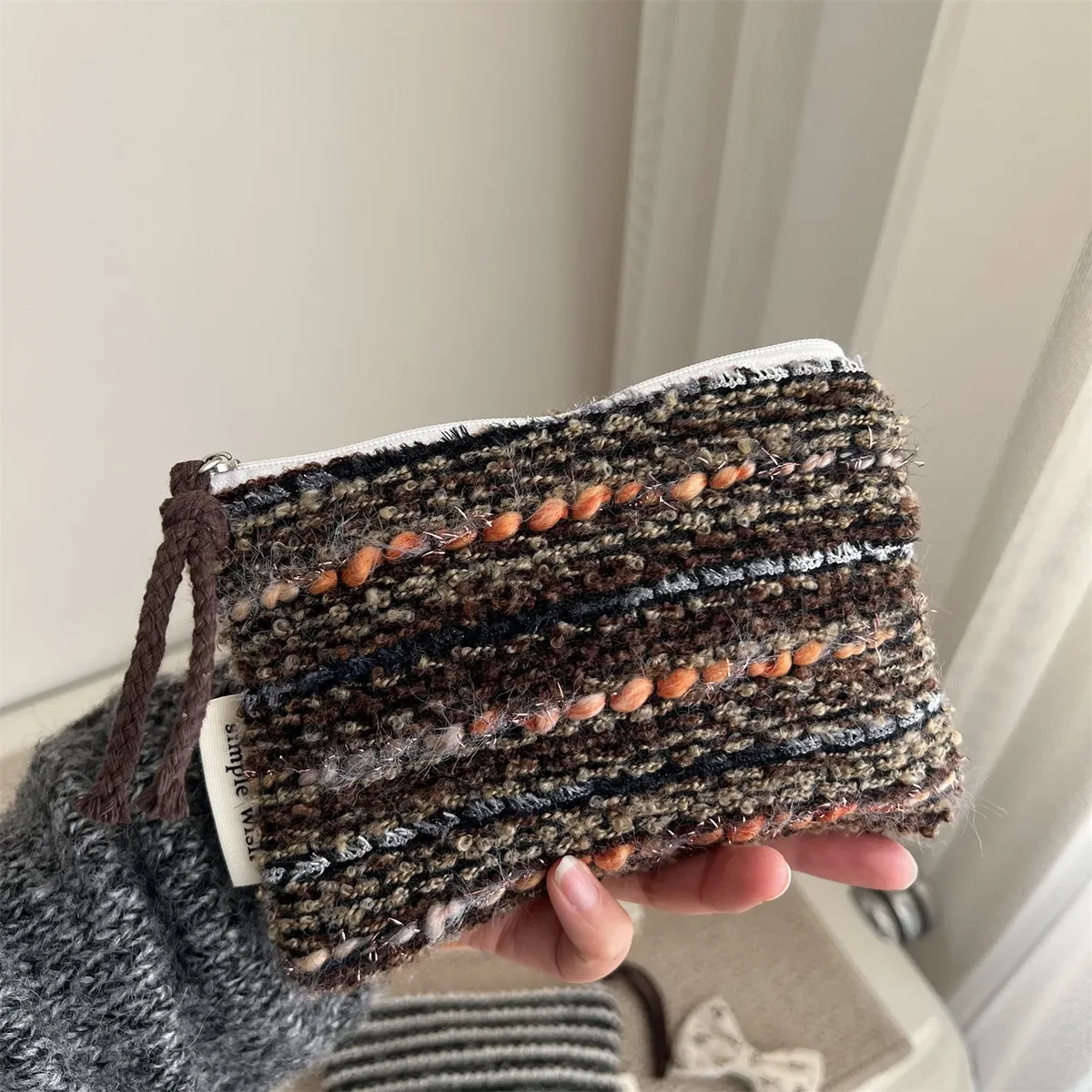 mini sac à cosmétiques rétro à carreaux et rayures, organisateur de maquillage, pochette à cosmétiques élégante, sac de rangement polyvalent d'hiver pour femmes