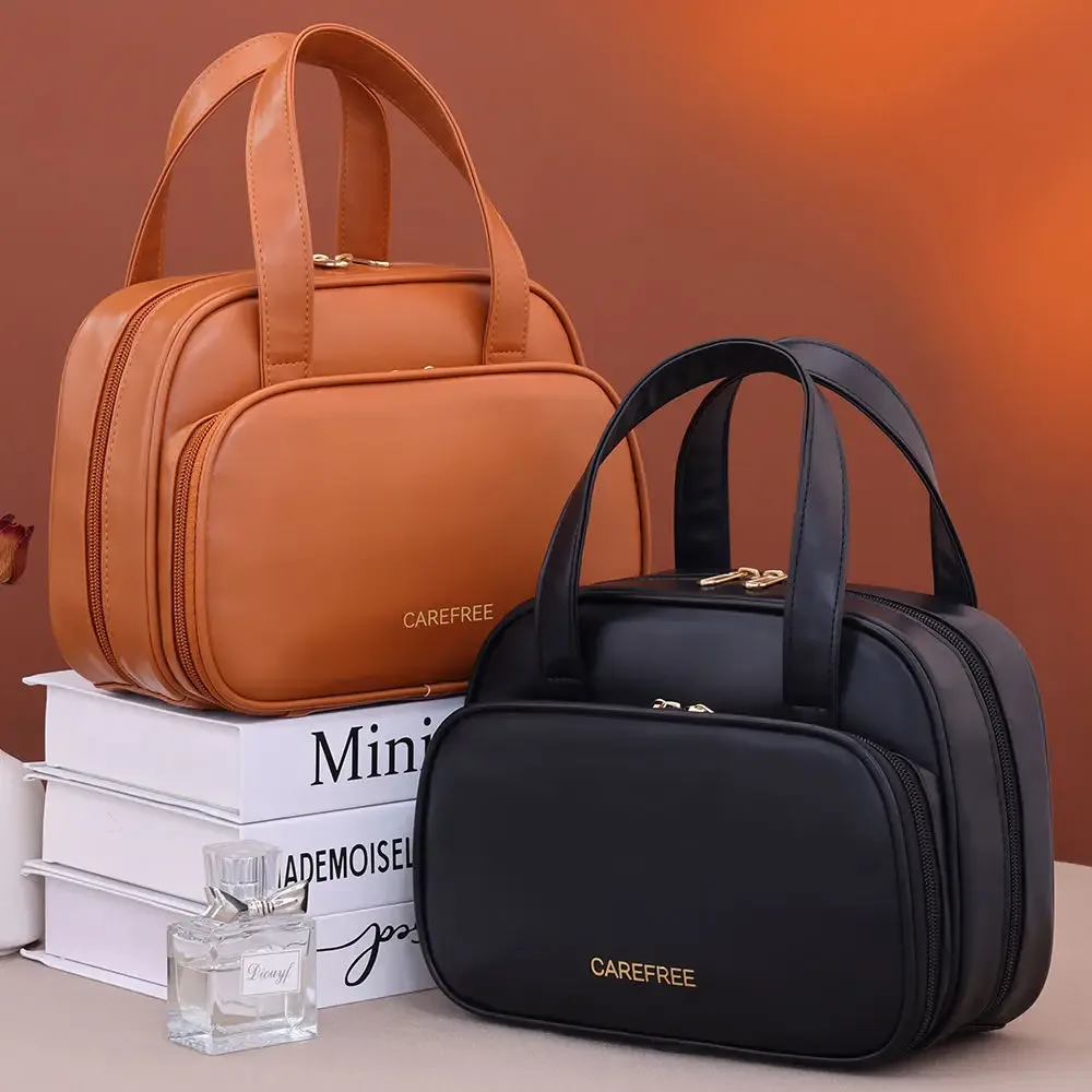 sac de rangement de cosmétiques à deux étages, espace de rangement surdimensionné avec poignées et plusieurs poches, trousse de toilette en matériau pu