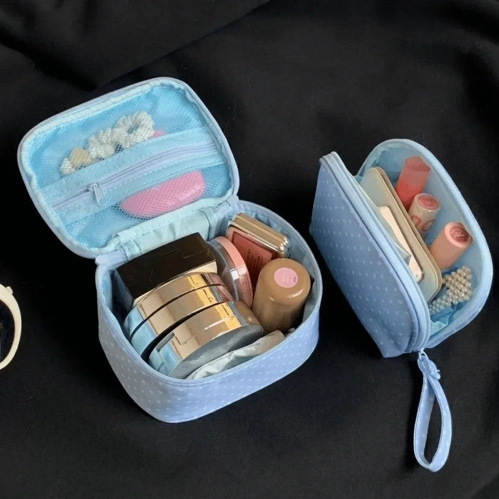 pochette de maquillage en polyester à pois, sac de rangement de voyage à carreaux multi-tailles, trousse de toilette bleu clair avec fermeture éclair, pochette cosmétique pour usage quotidien