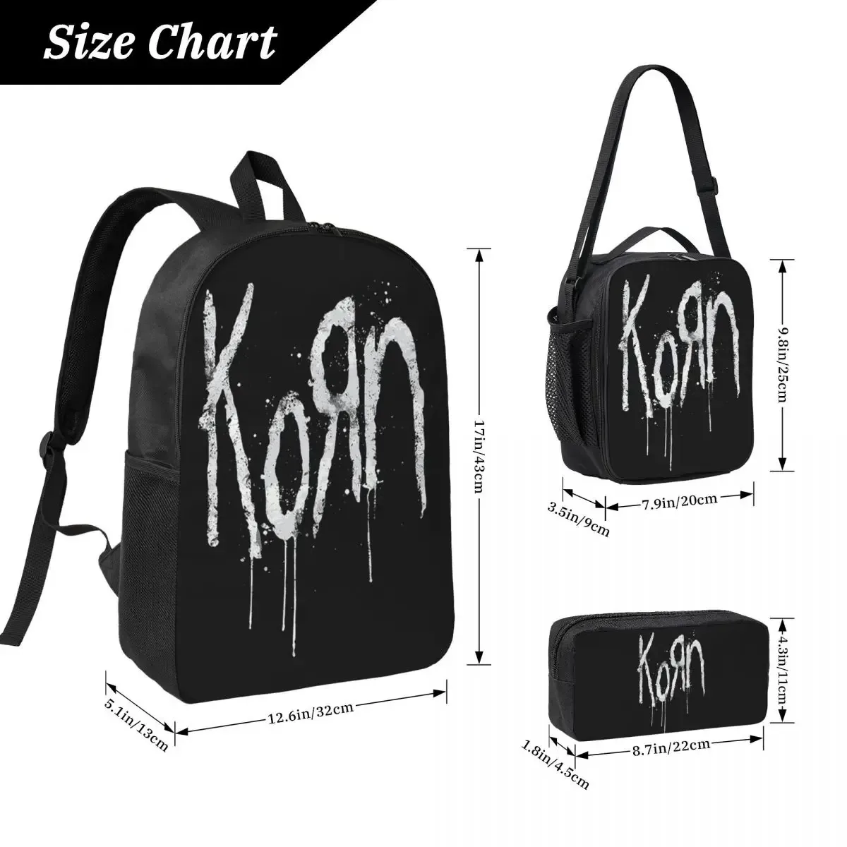 sac à dos korn band rock metal music, sac à livres pour étudiants, sac d'école, sacs à bandoulière, 3 pièces, sac à déjeuner isotherme, trousse à crayons