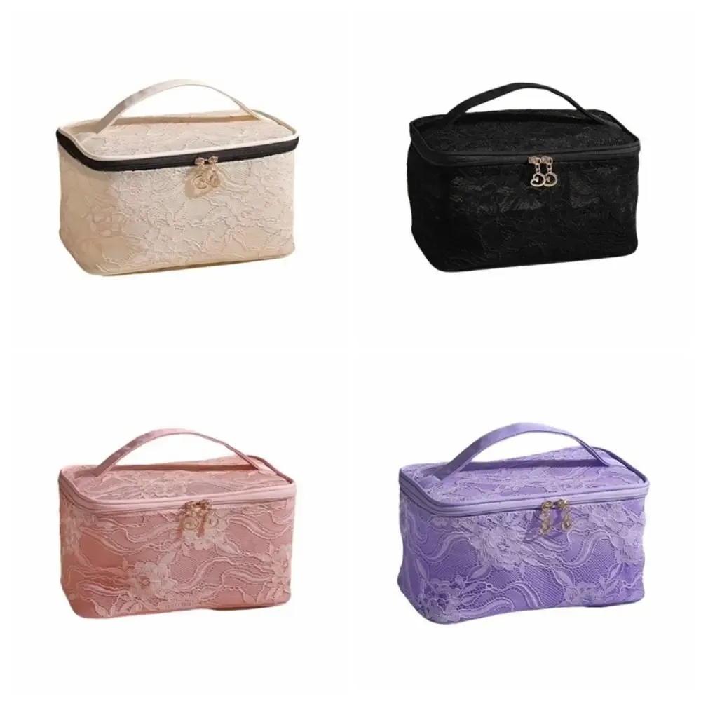 pochette de rangement en dentelle de couleur unie, sac de maquillage de grande capacité avec poignée, sac de rangement pour cosmétiques, trousse de toilette florale respirante pour femmes