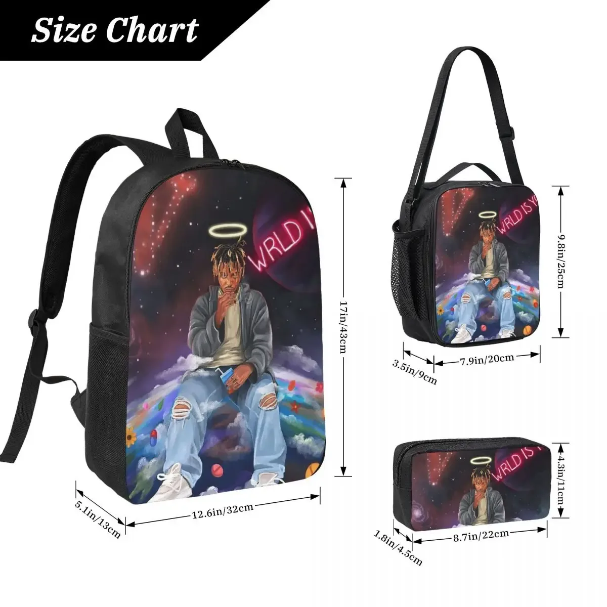 Juice Wrld Streetwear sac à dos étudiant garçons filles BookBag sac d'école ordinateur portable sacs à bandoulière 3ps sac à déjeuner isolé trousse à crayons