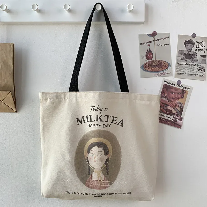 sac fourre-tout en toile réutilisable pour femmes et filles, sac à provisions décontracté pour dames, sac à soupe initié au gril en coton, mignon, plage, voyage