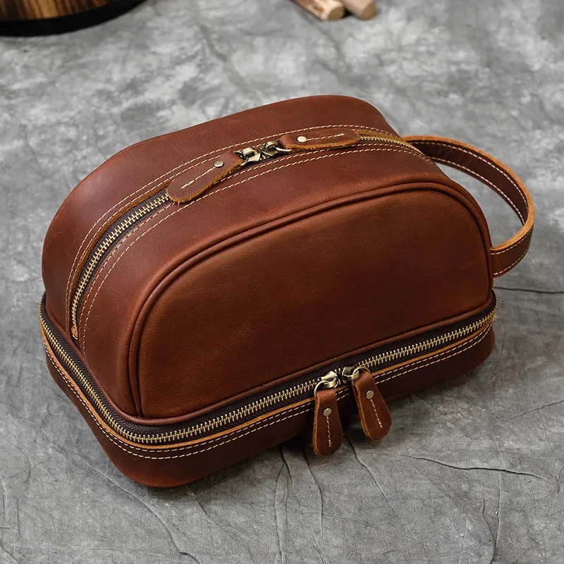 Petit sac de voyage de bonne qualité, portefeuille de voyage en cuir Crazy Horse, sac de rangement, sac de maquillage de lavage pour trousse de toilette de voyage