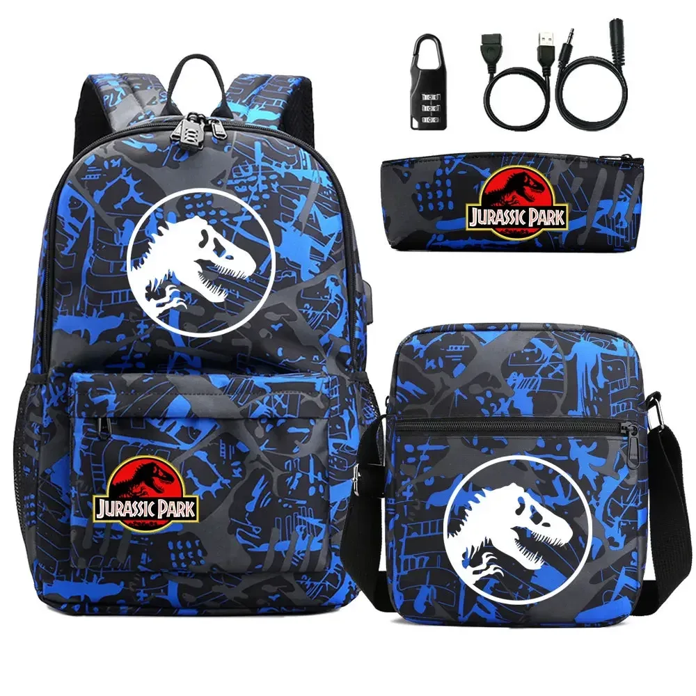 dinosaure jurassic park world 3 pièces usb antivol serrure garçon fille enfants école livre sacs voyage sac à dos sac à bandoulière stylo sac