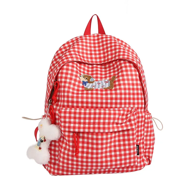 sac à dos grande capacité pour femme, style universitaire, motif chien saucisse de dessin animé coréen, sac à livres polyvalent à carreaux, loisirs et voyage