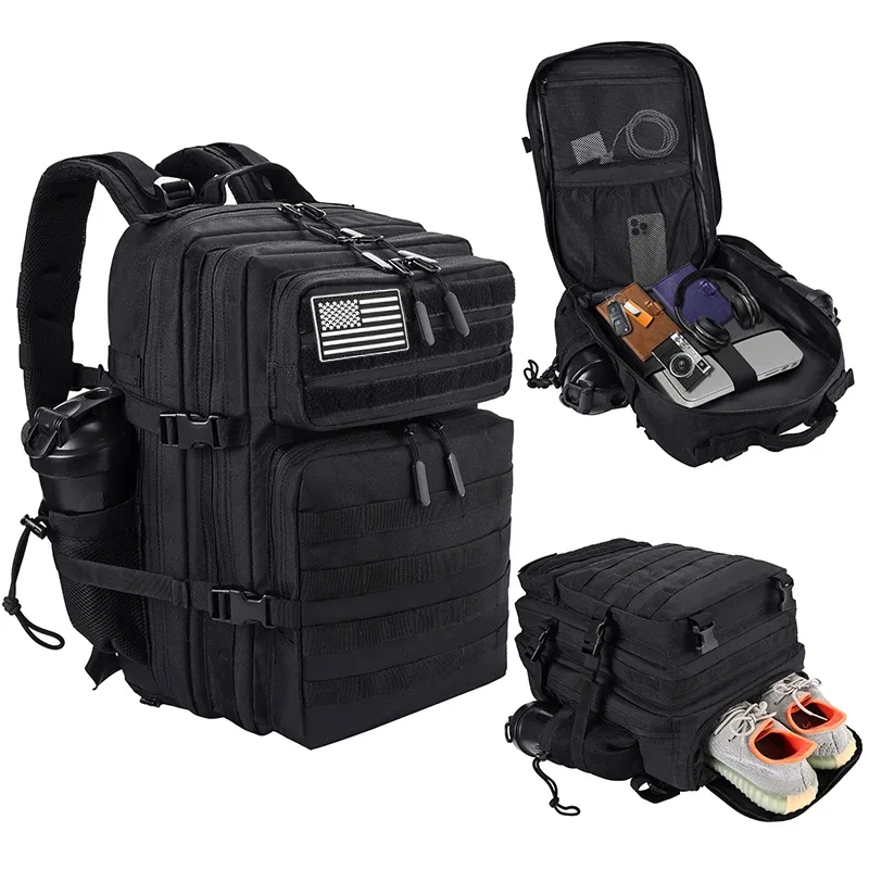 Sac à dos tactique LHI 45L pour hommes, sac de sport pour athlètes, sac de voyage en plein air, randonnée, voyage d'affaires avec compartiment pour chaussures