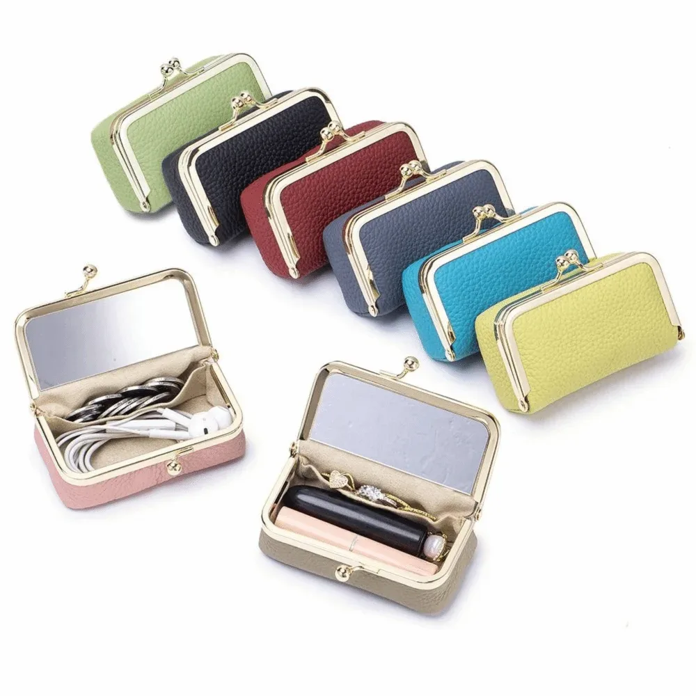 pochette à rouge à lèvres portable avec miroir de maquillage, sac à bijoux en cuir exquis, sac cosmétique multifonctionnel de couleur unie pour le rangement
