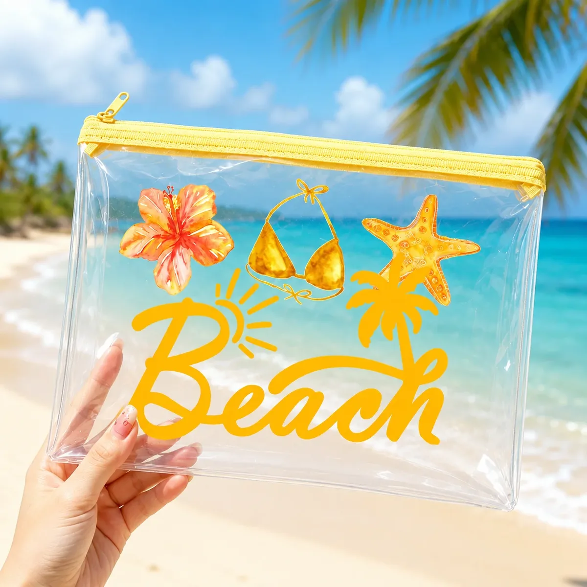 sac cosmétique transparent en pvc style plage tropicale avec fermeture éclair jaune, trousse de toilette de voyage pour femme, essentiels pour la piscine, les vacances et la natation